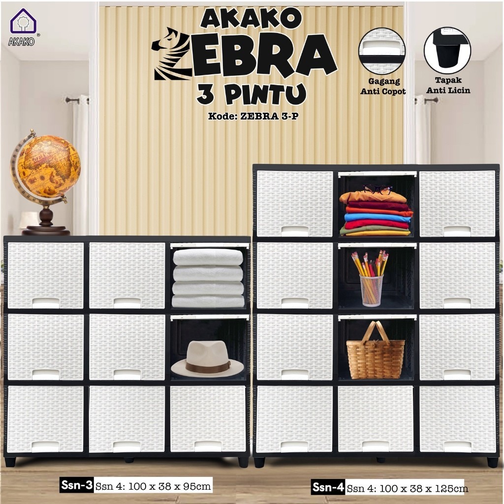 AKAKO - LEMARI PAKAIAN PLASTIK AKAKO LEMARI ZEBRA 3 PINTU SUSUN 2, 3, 4 DAN 5
