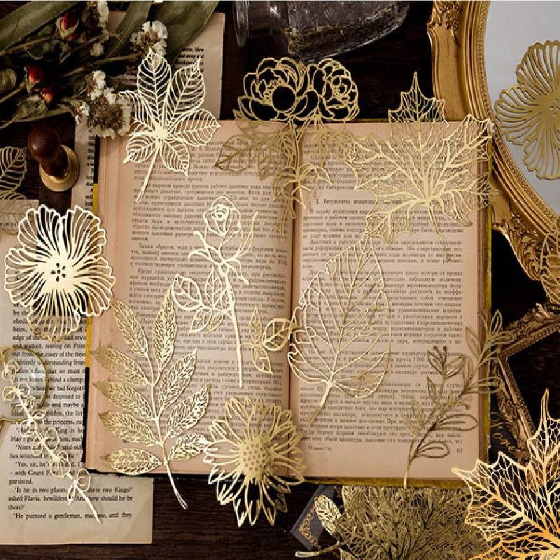 

10Pcs Gold Lace Leaf Paper Scrapbook Sticker Die Cut Butterfly Po Frame Decal for DIY Decorative Diary Album Diary Notebook