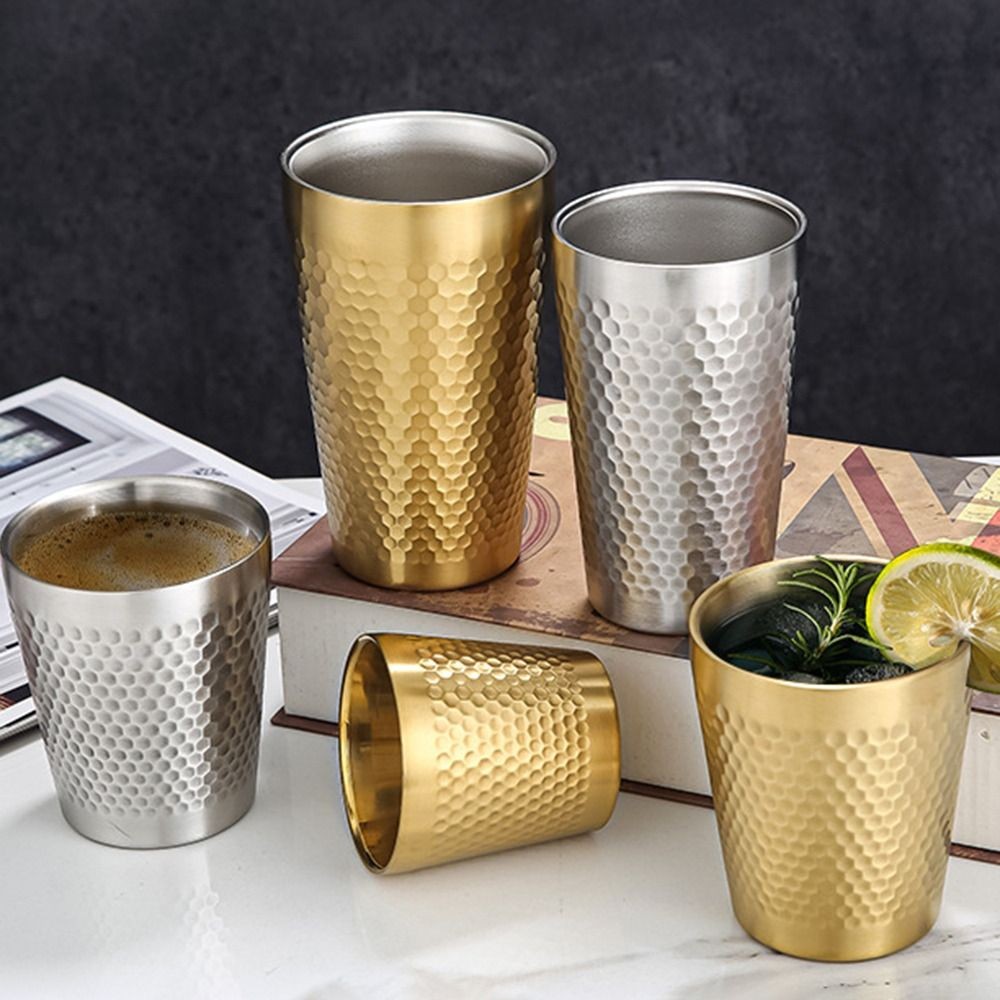 

Double-Wall Beer Cups Stainless Steel Cold Water Drinks Cup Keep Cold Hammered Texture Anti-scalding Anti-fall Milk Mugs