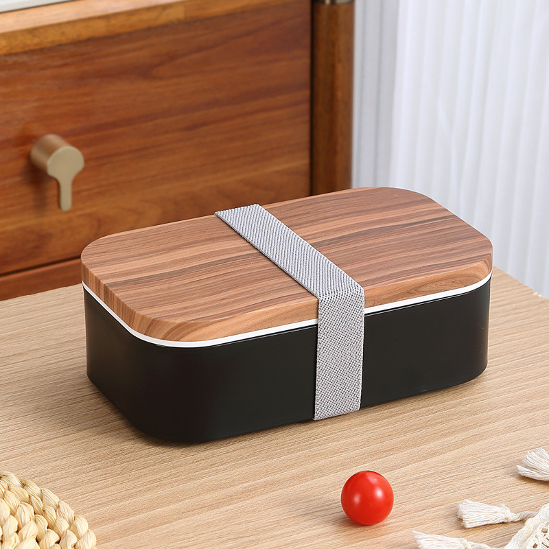 Hot Selling INS Wood Grain Double Layer Plastic Lunch Box Microwave Oven Adult Lunch Box Bento Box L
