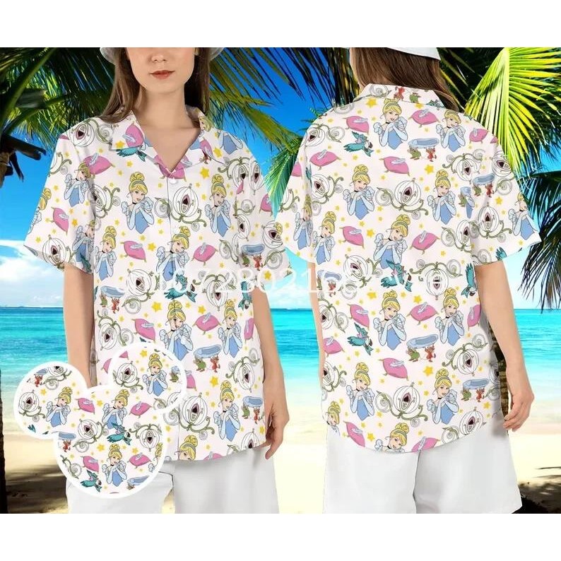 Disney Cinderella Princess Hawaiian Shirt Men's Women's Kids Short Sleeve Shirts Beach