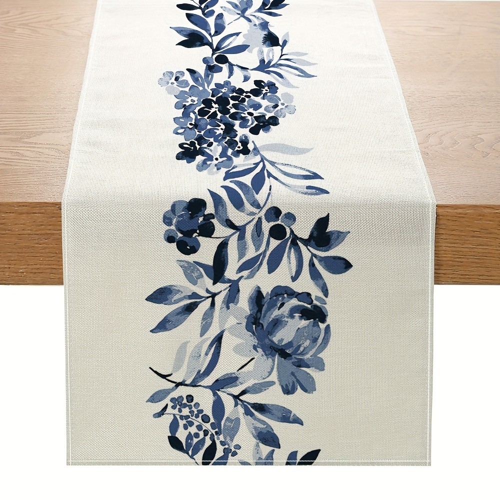 Boho Blue Flowers Linen Table Runners Dresser Scarf Table Decor Kitchen Dining Table Decor Farmhouse