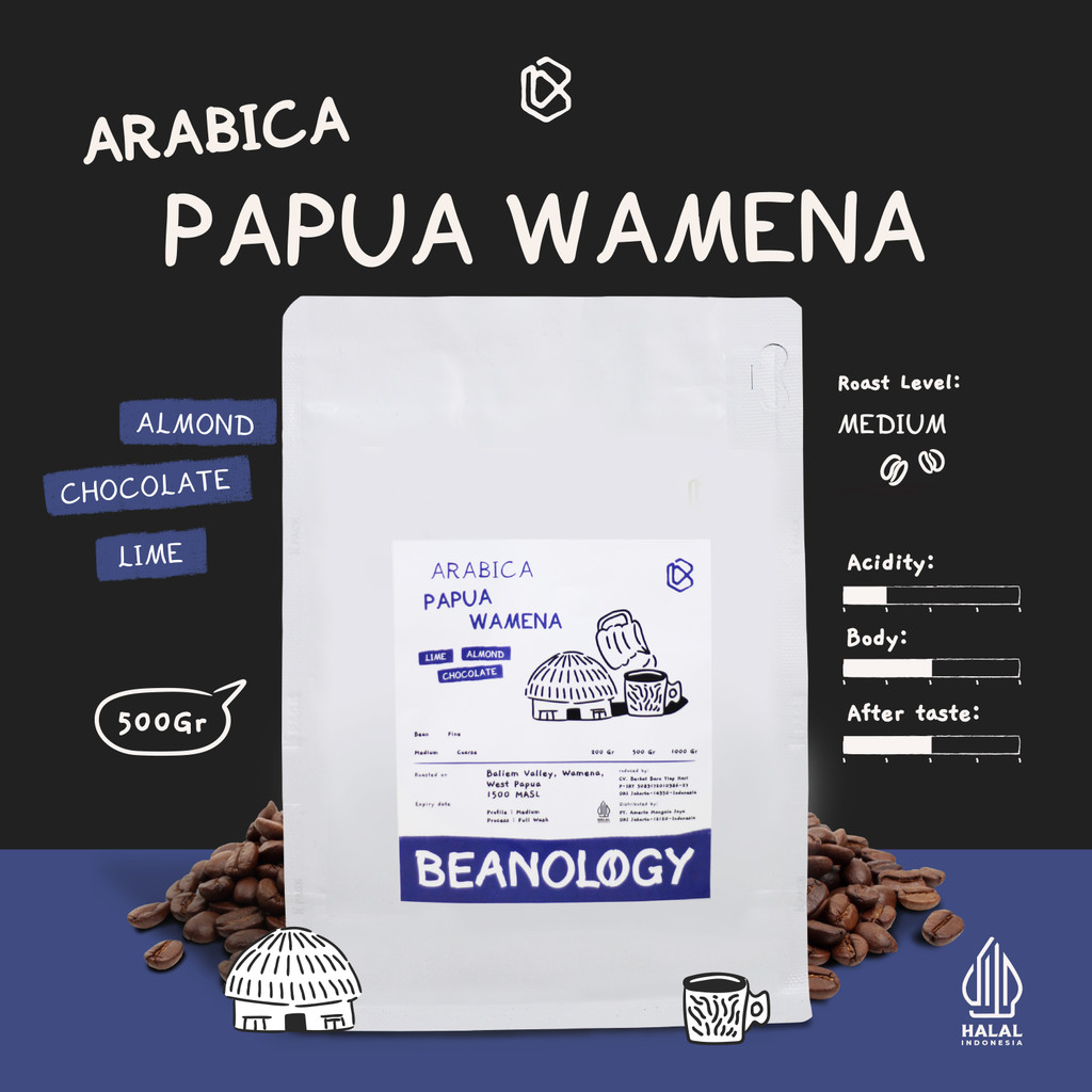 

Biji kopi bubuk Arabika Papua Wamena 500G Single Origin Grade 1 Coffee Roasted Bean -Beanology Coffee