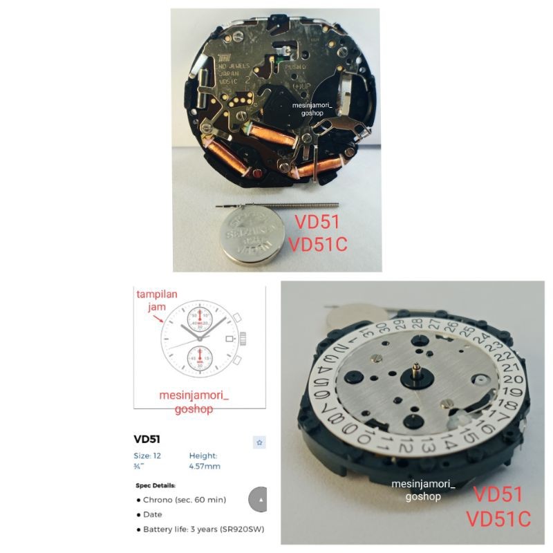 mesin jam VD51 VD51C VD52 VD52C VD54 VD54C chrono Japan