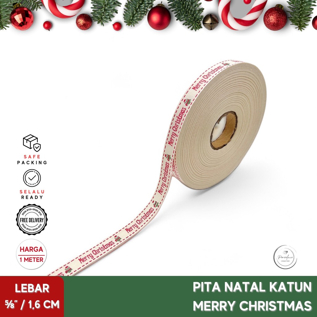 

Hiasan Pita Ribbon Natal Katun Rajut Premium Merry Christmas B 1,5 cm