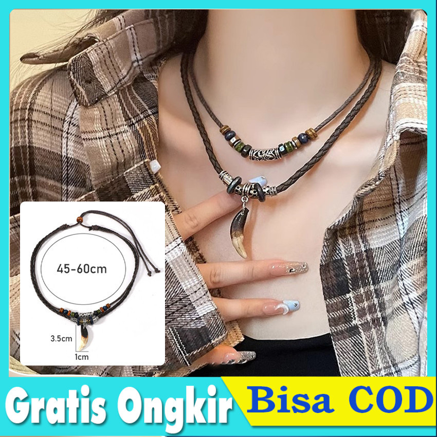 Kalung Taring Melamin etnik Pria Wanita / Kalung Tali Bandul Melamin / Kalung Tali / Kalung Taring