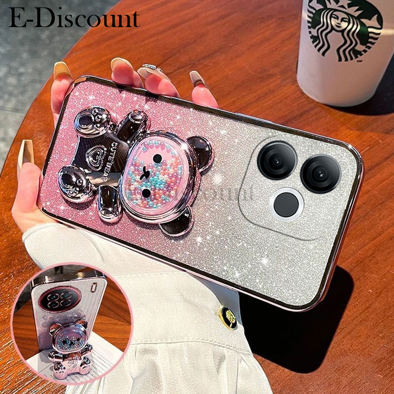 New Phone case itel A80 Back cover with Gradient 3D Bear Folding Stand Bracket Luxury Slim 6D Platin
