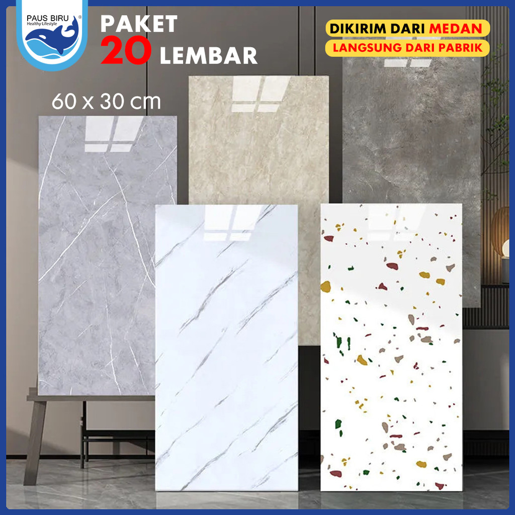 Paus Biru - Paket 20 Lembar Wallpaper Dinding Vinyl Marble 30x60 cm / Marbel Granit / Stiker Keramik
