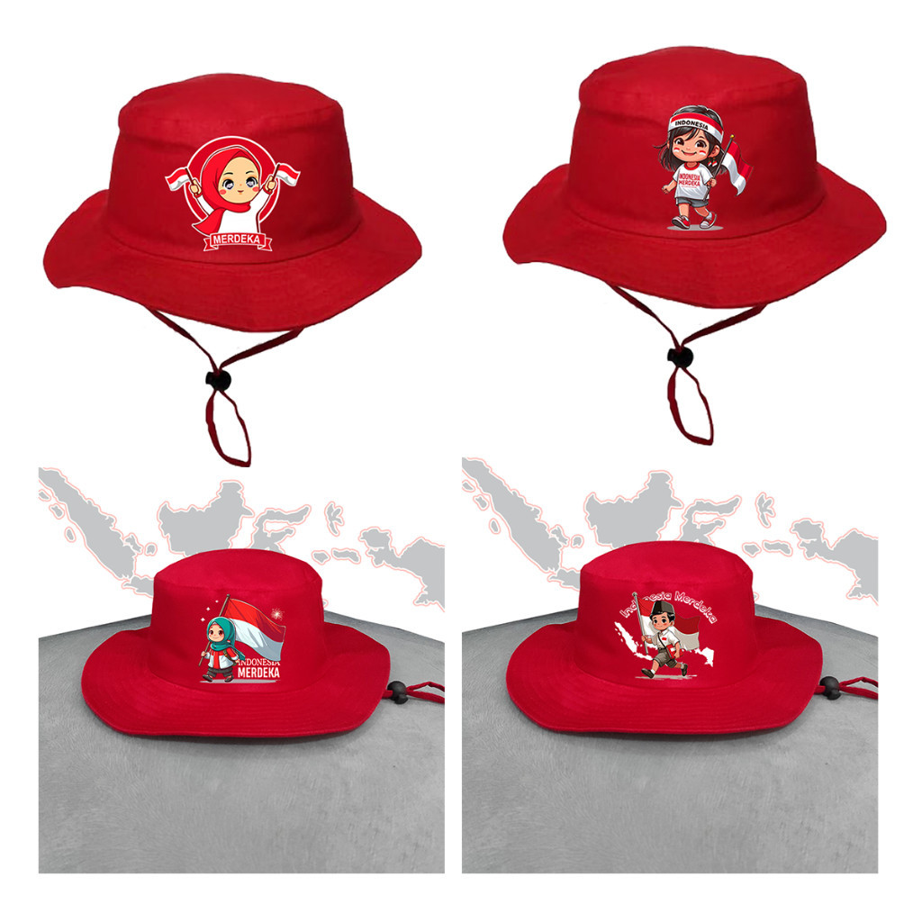 Topi rimba anak warna merah pakai tali Topi rimba anak laki laki dan perempuan