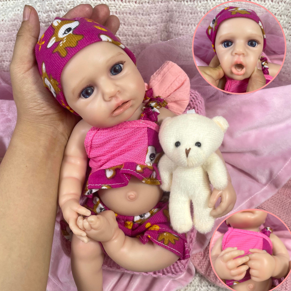 Mini 12-13 Inch LouLou Awake Full Silicon Reborn Baby Doll Open Blue Eyes Soft Silicone Body Girl Wa