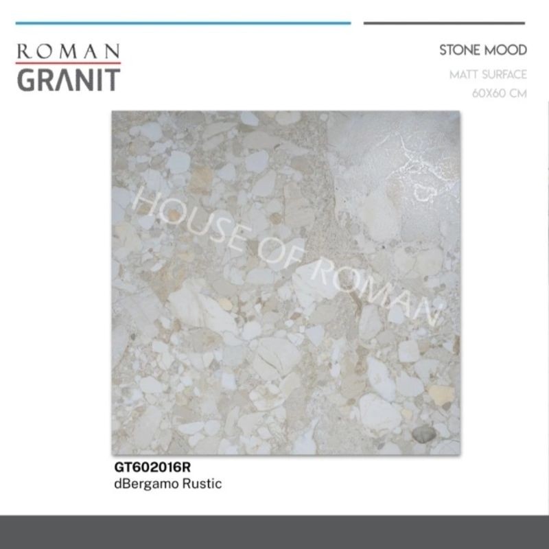 Roman Granit 60x60 dBergamo Rustic (Stone Mood) / Lantai Granit Motif Terrazo / Lantai Rumah Rustic 