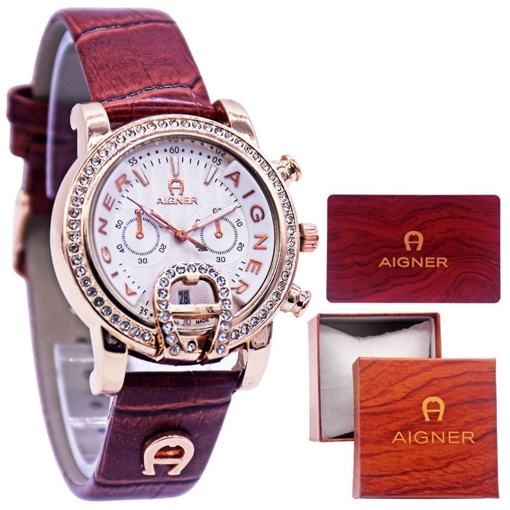 BISA COD Jam Tangan Wanita Aigner Tali Kulit 3.8CM Chrono Off Model Mewah Jam Tangan Fashion Cewe AG