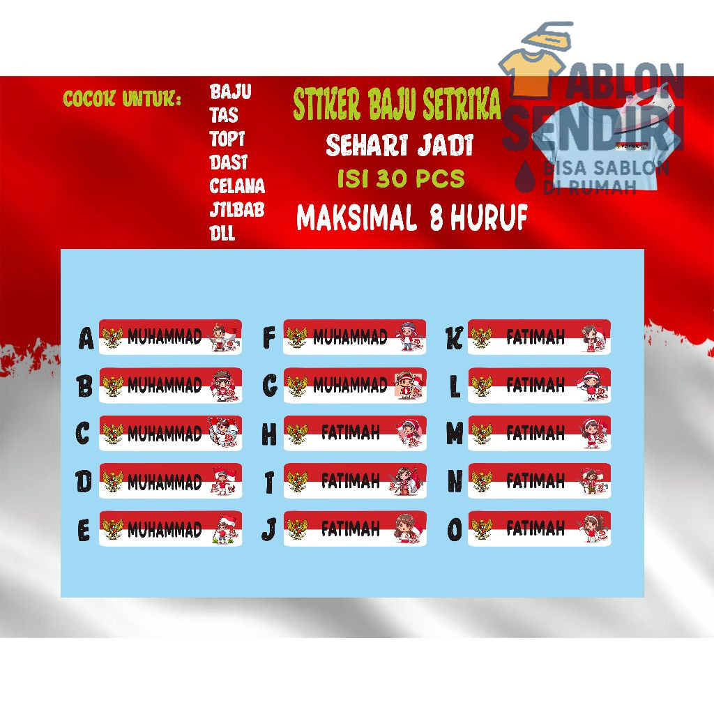 

Stiker Label Nama/Stiker Setrika Waterproof Untuk Anak-anak dan Dewasa Karakter 17 agustus 80 Th Bahan Dtf