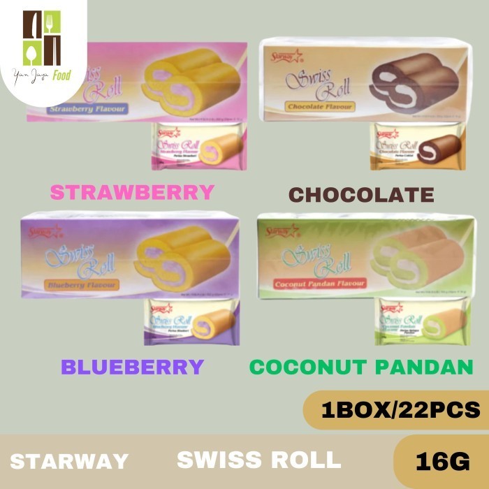 

Starway Swiss Roll 16g 1BOX 22pcs / Chocolate / Coconut Pandan / Strawberry / Blueberry / Kue / Cemilan