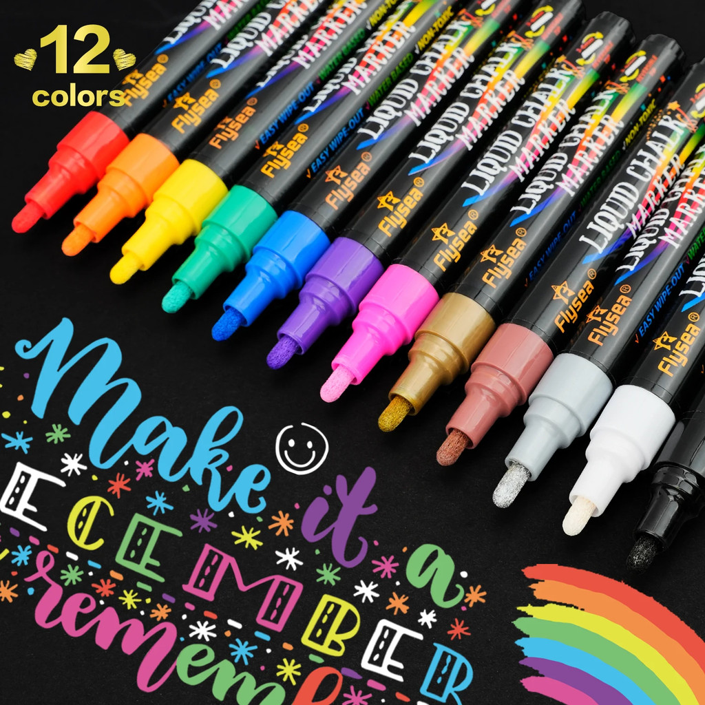 

12PCS/Set Liquid Chalk Marker Pens Erasable LED Writing Board Glass Window Art 12 Colours Marker Pens,3mm-6mm Tips