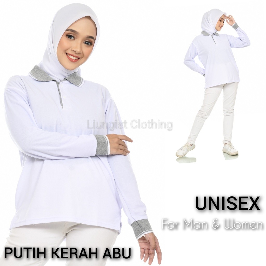 New Kaos Polo Panjang Unisex Putih Kerah Abu / Kaos Kerah / Poloshirt / Polo Shirt Panjang