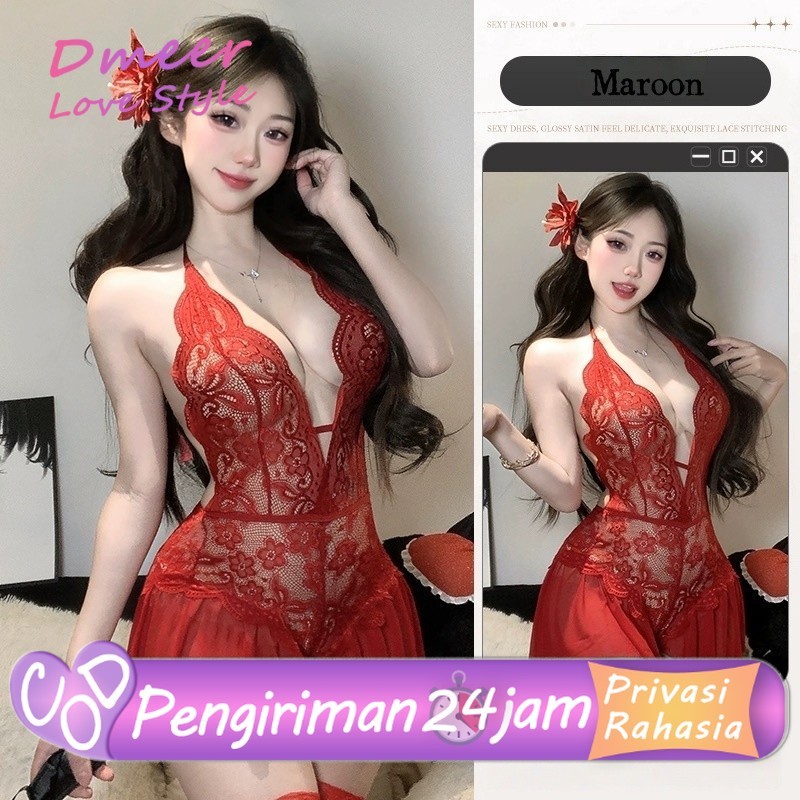Lingering Sexy Wanita Transparan Halter Neck Lace Jumpsuit Open Crotch Lingerie Teddies