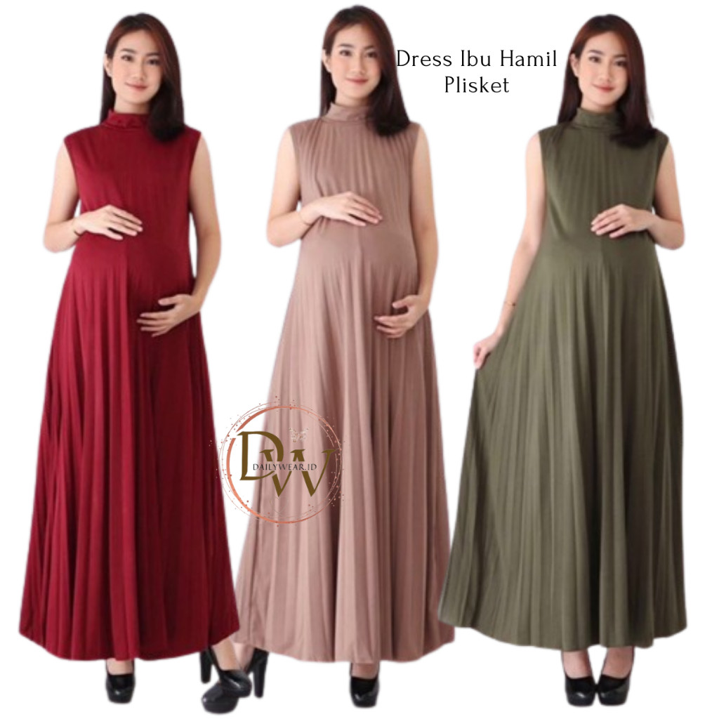 Dress Bumil Wanita Plisket - Baju Hamil Kekinian - Long Dress Panjang -  Inner Dress Plisket Premium
