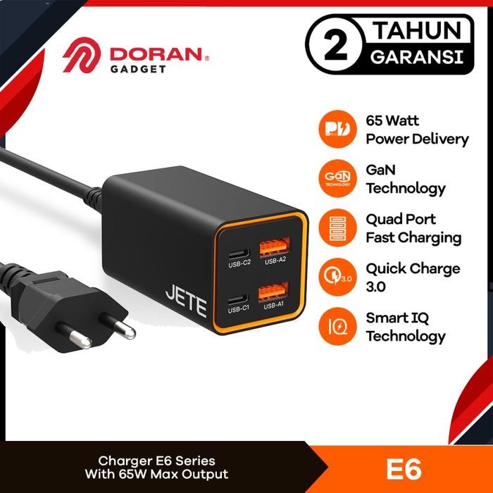 Adapter Fast Charger JETE E6 GaN 65W + 4 Port (Dual USB & Dual TypeC)