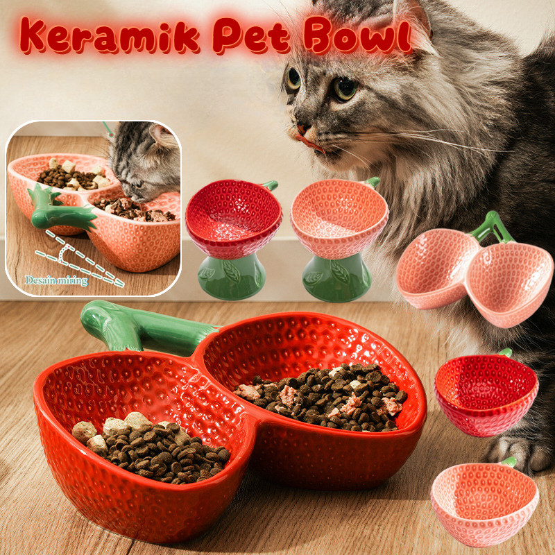 Mangkok Set Keramik Pet Bowl Double / Mangkok Kucing Keramik / Mangkuk Hewan Peliharaan Stroberi