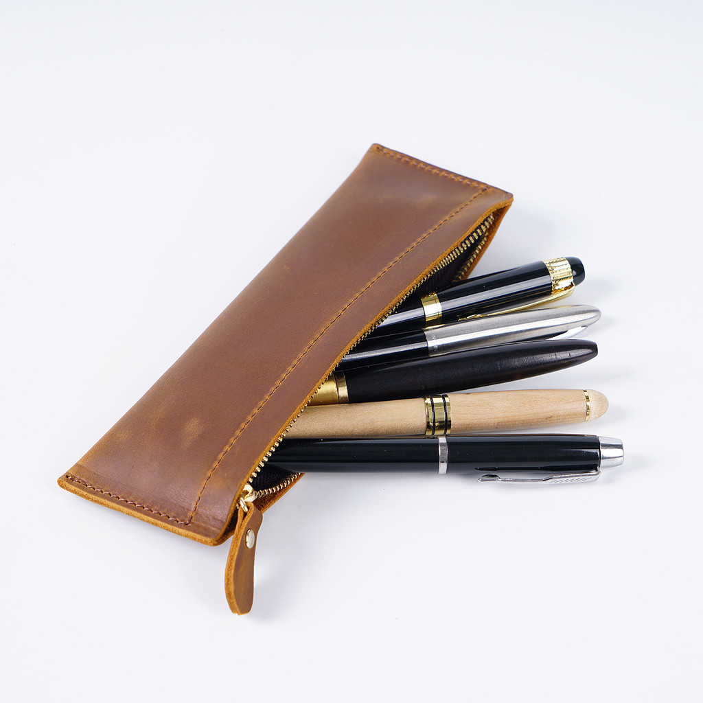 

Genuine Leather Pen Bag Cowhide Handmade Coin Wallet Unisex Student Zipper Pencil Case Stationery Storage Bag