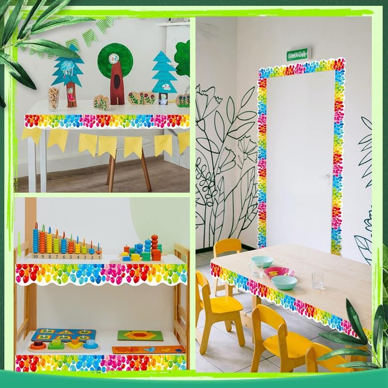 

(NEW) 59 Feet Color Balloons Bulletin Board Borders, Scalloped Rolled Border Trim Stickers For Classroom, School, And Offices