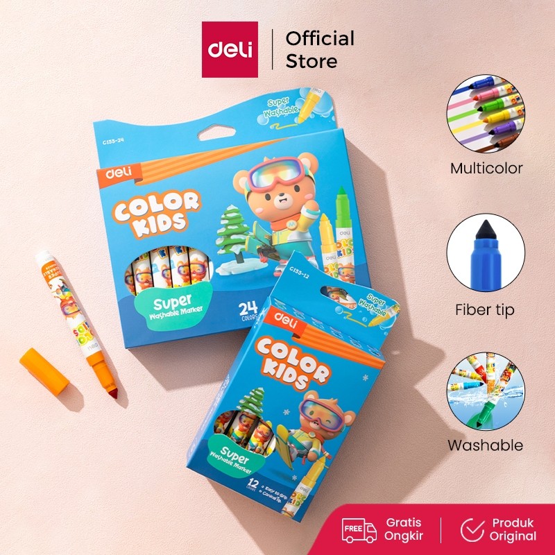 

Deli Washable Marker / Spidol Warna Anak 12 24 Warna Mudah dicuci Tersertifikasi Aman EC155