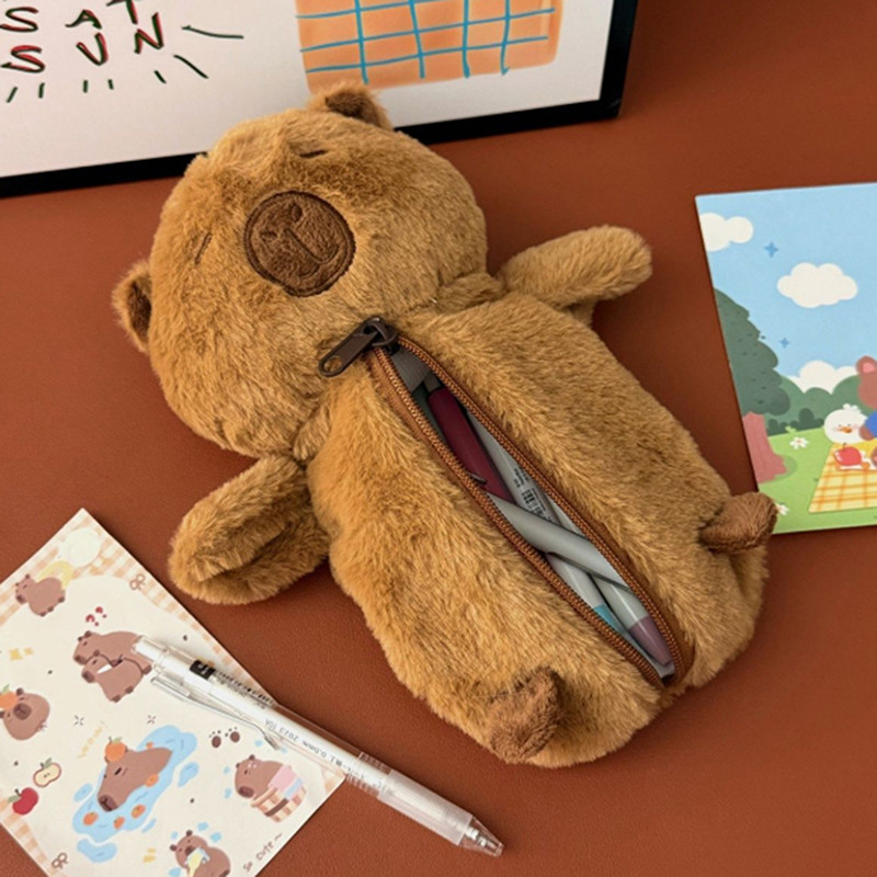 

1Pc Cartoon Animal Pen Case Cute Plush Capybara Pencil Storage Bag Multifunction Large Capacity Stationery Pouch