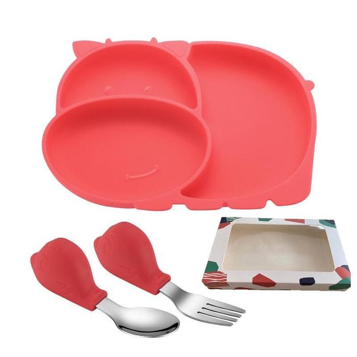 [Promo] Set Piring Silikon Suction Anti tumpah/Silicone Suction Plate MPASI - Red