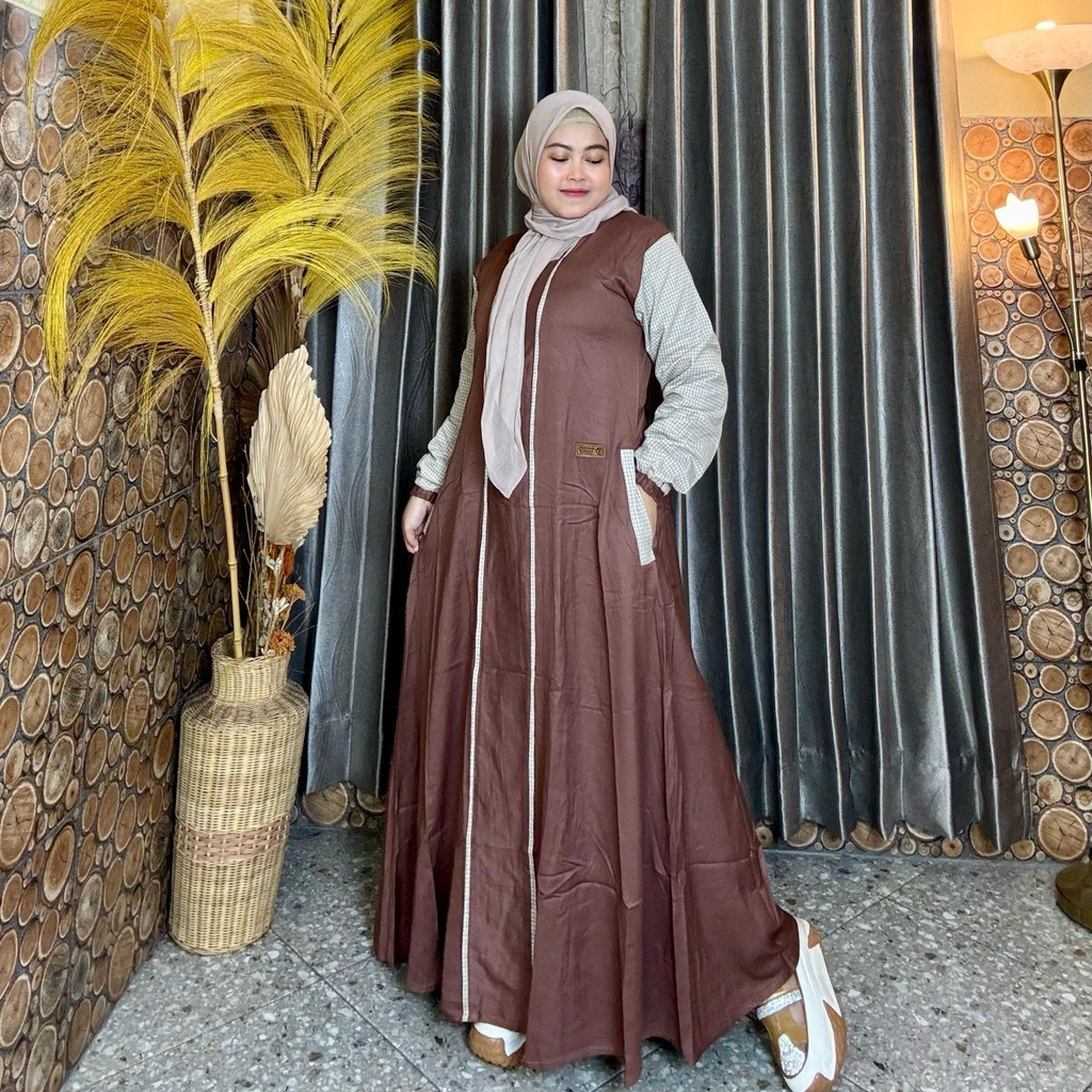 Gamis Amanda Fatma Rayon Twill Premium Mix Katun Haruka Motif Kotak (Free pouch, Goodie Bag)