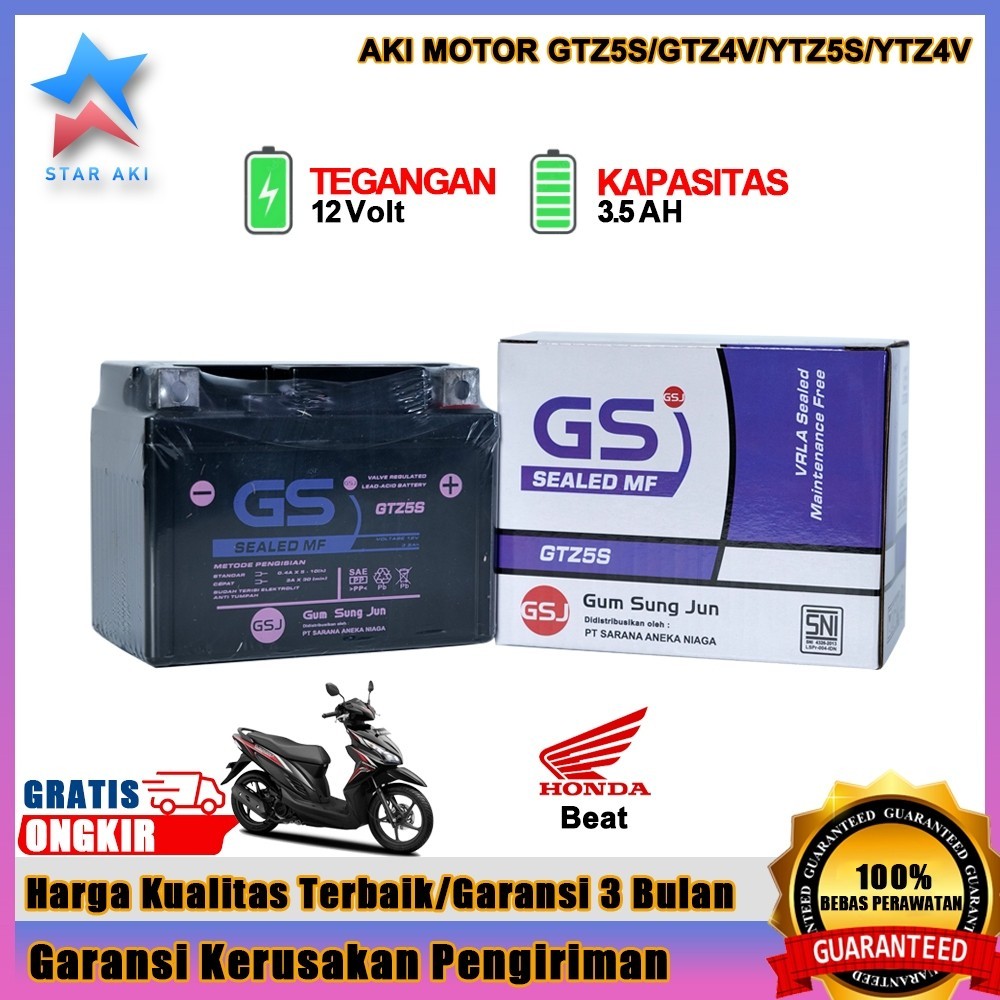 BOBUNSHOP  Aki Motor Honda Beat Beat Fi Beat Street Aki Kering Accu Kering MF GTZ5S