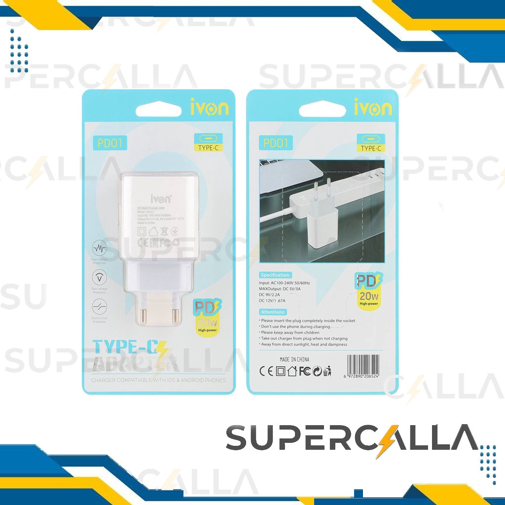 iVON PD 20W High-power Fast Charger TYPE-C ADAPTER CHARGER COMPATIABLE WITH IOS & ANDROID HP Kepala/