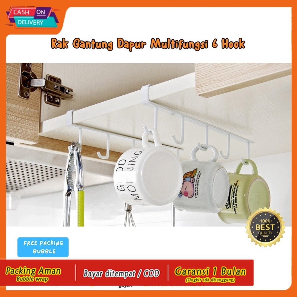 Rak Gantung Lemari Penyimpanan Peralatan Alat Makan Dapur Gantungan Piring Gelas Sendok 6 Hook  - Pu