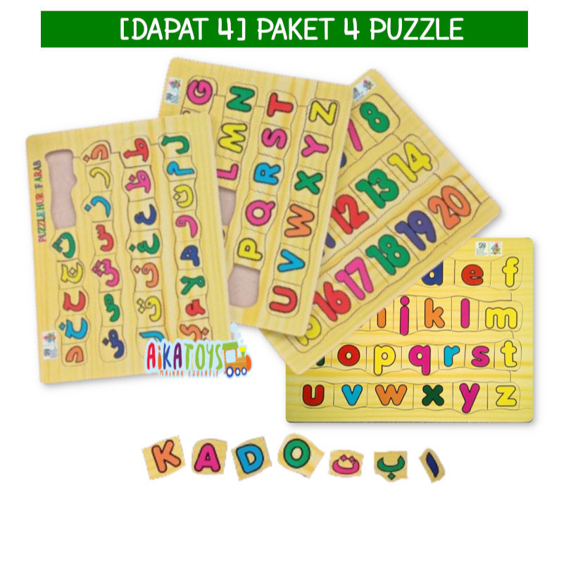 Mainan Edukasi Paket 4 dan 3 Pcs Mini Puzzle Huruf Besar Hijaiyah Lowercase Angka SNI Promo Mainan E