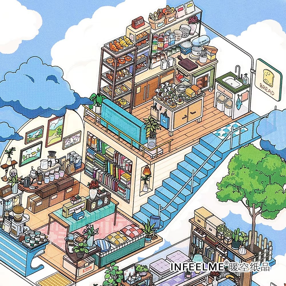 

4Pcs/bag Coffee Shops and Music Festivals Creative Scene Of Landscape Stickers Big PET Paper Scrapbooking Material Scrapbook Kit