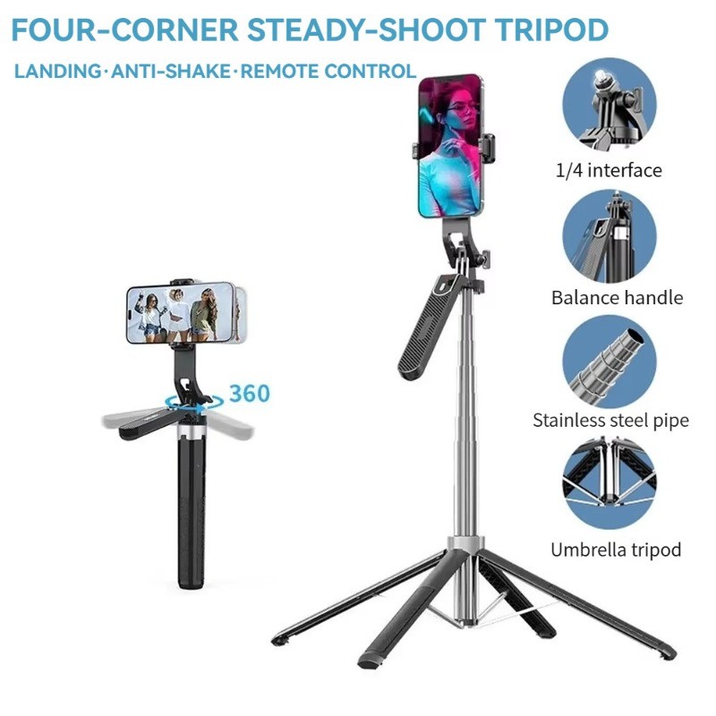 Adaptor Bluetooth empat kaki HP 360 ° Rotation penstabil Tongsis tripod Remote Tongsis