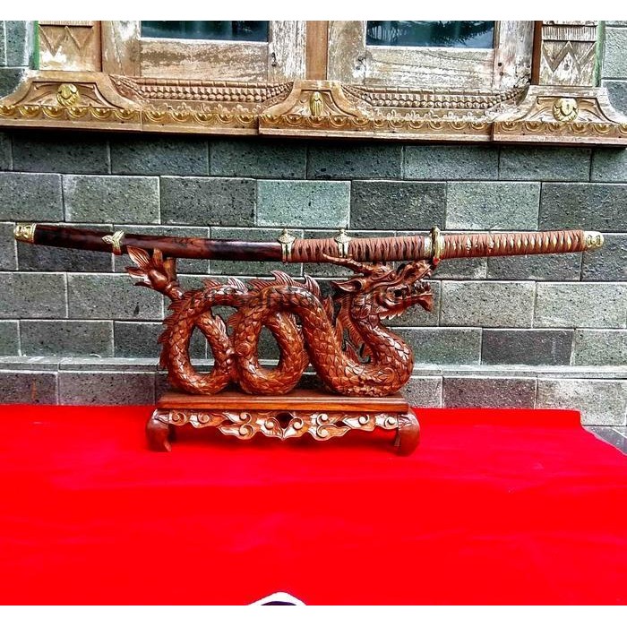 Stand Dudukan Pedang Ukiran Naga Kayu Jati Asli Garap Alusan