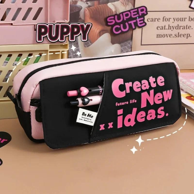 

1 Piece Sweet American Style Pencil Case for Girl Black Pink Color Fashion Pencil Pouch Large Capacity Stationery Storage Bag