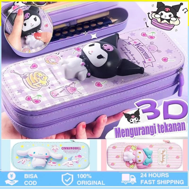 

Seri Sanrio Pengurangan Stres Kotak Pena 3D Penyimpanan Lucu Kapasitas Besar Lapisan Ganda Multifungsi Pereda Stres Kuromi