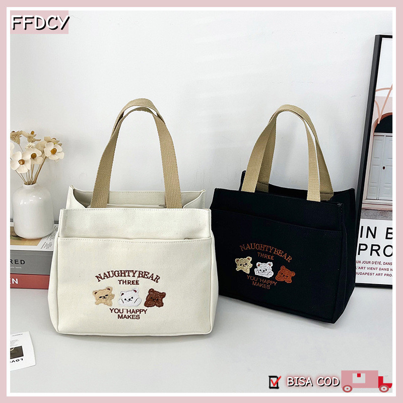 Tas Tote Bag Wanita Kapasitas Besar College Totebag Kanvas Beruang Kecil / Tas Belanja Tote Bag Tote