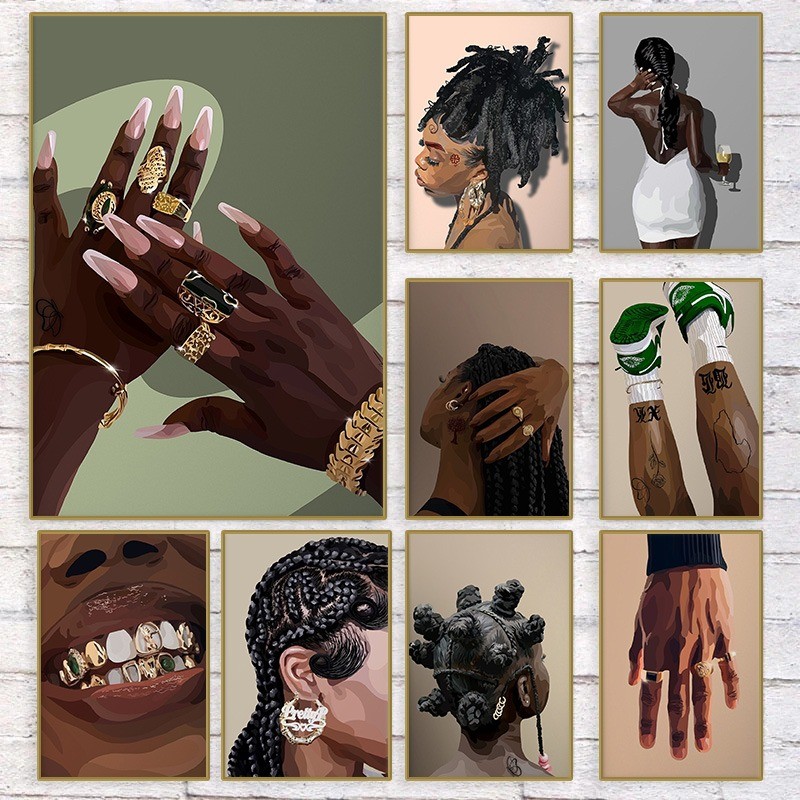 

Hip Hop Black Girl Gold Jewelry Poster Print Beautiful Woman Hair Canvas Painting Afro Wall Art for Club Living Room Home Decor