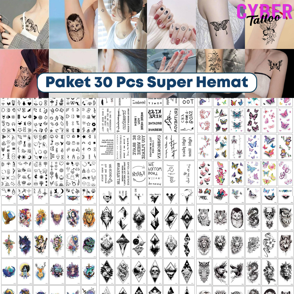 GROSIR 30pcs Tato Temporer Waterproof – Motif Kupu-Kupu, Hewan, Galaxy, Bunga & Tulisan 10x6cm (Buka