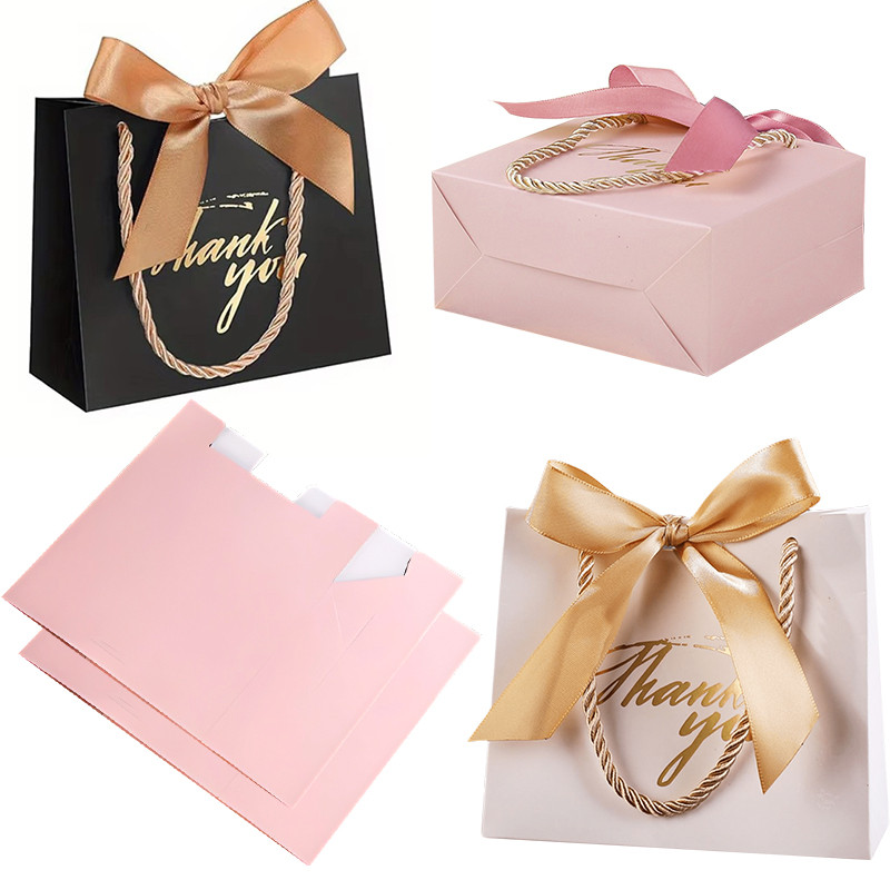 

6/12PCS Pack Gift Bag Pink White Black Red Tote Bag Ribbon Bow Decoration Bronzing"Thank You" Text Birthday Wedding Gift Bag ZYF
