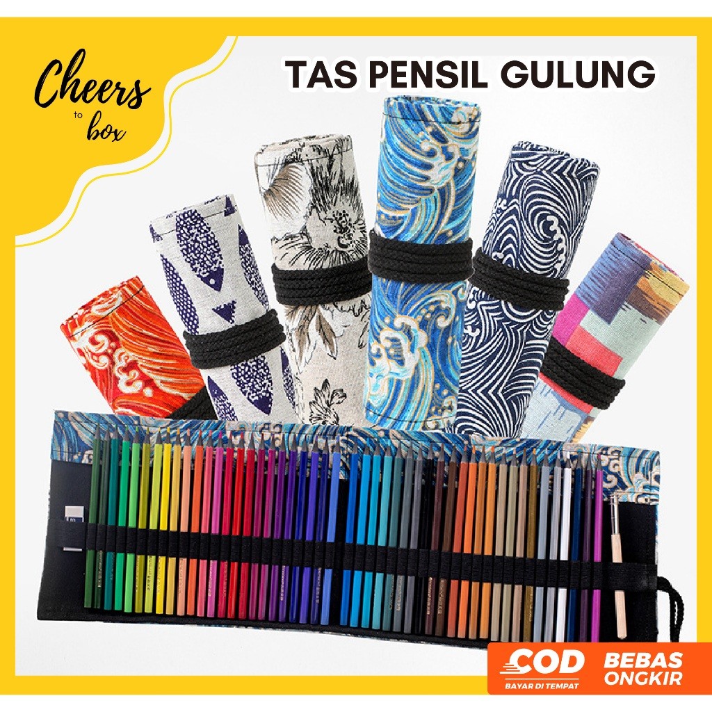 

^_% SALE %_^ Pencil Case Roll / Tas Pensil Gulung Bahan Kain Canvas / Isi 36 48 72 Slot / Tempat Pensil Warna Gulung Motif Estetik KSF