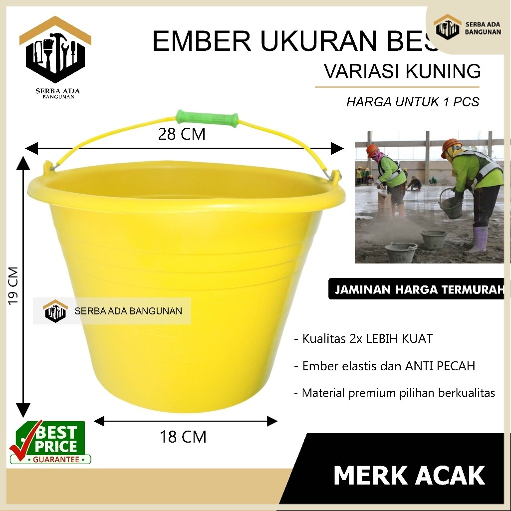 SAB Ember Plastik WARNA JUMBO BESAR & KECIL KUNING Ember Cor Anti Pecah | Ember Bangunan BESAR- HARG