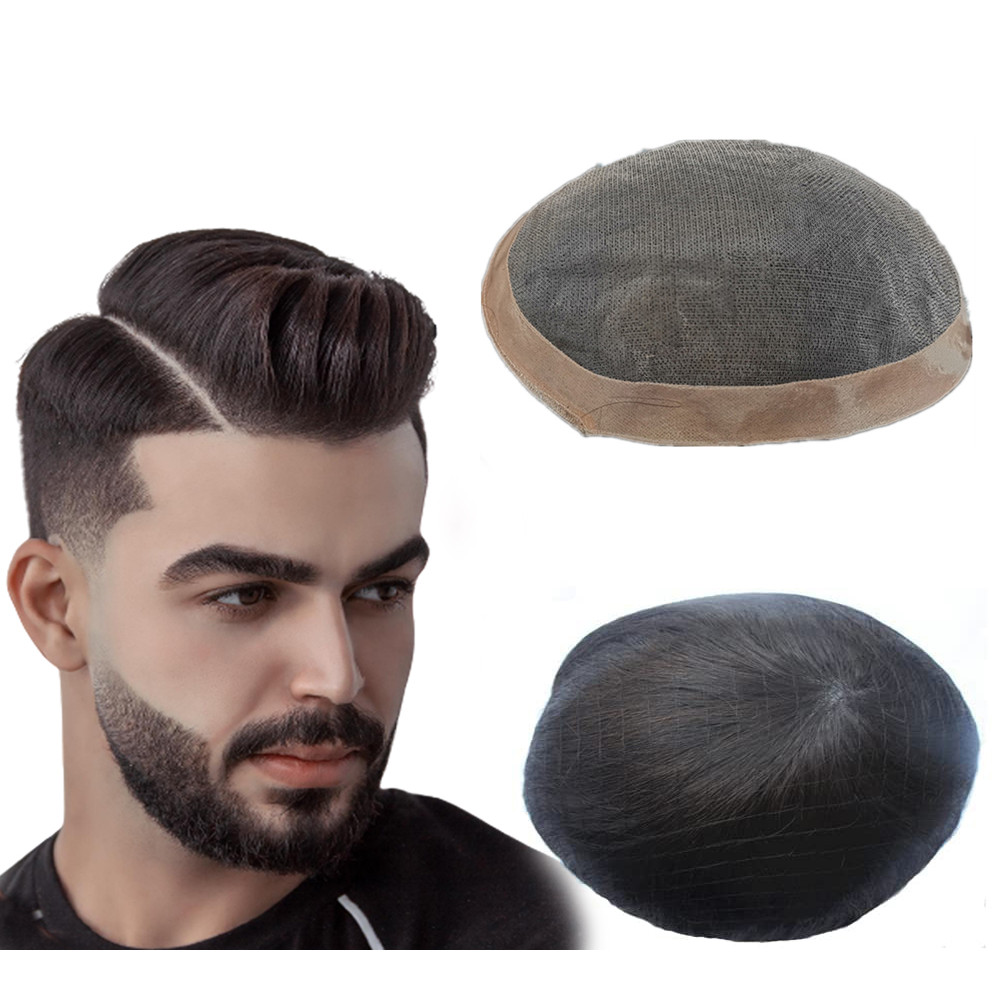 Toupee for Men Fine Mono Men Toupee Human Hair Replacement System Hair Prosthesis Natural Black Hair