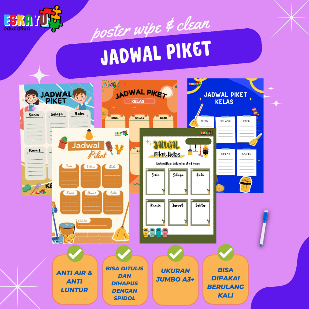 

POSTER JADWAL PIKET KELAS wipe and clean bisa dihapus kembali / poster jumbo