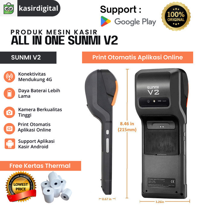 TERJAMIN Mesin Kasir Sunmi MPOS Android Portable V2 4G 1/8GB Second - Fullset
