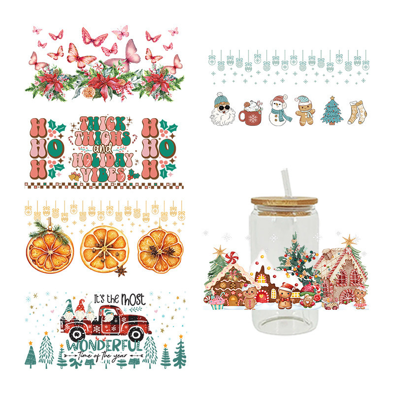 

3D UV DTF Transfer Stickers Libbey Cup Wrap Iron Christmas Theme For Glass 16oz