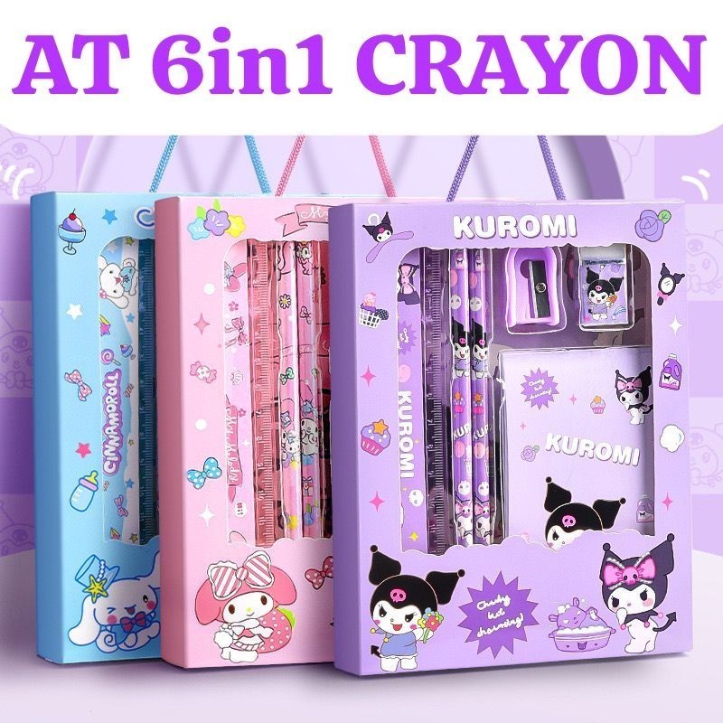 

SM PENSIL SET SANRIO KUROMI CHINAMOROL MELODY - SET ALAT TULIS 6 IN 1 MOTIF SANRIO ATK Set Kuromi and Friends Alat Tulis Lengkap Anak Pensil serutan penghapus penggaris